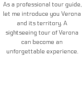 As a professional tour guide, let me introduce you Verona and its territory. A sightseeing tour of Verona can become an unforgettable experience.