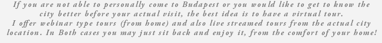 If you are not able to personally come to Budapest or you would like to get to know the city better before your actual visit, the best idea is to have a virtual tour. I offer webinar type tours (from home) and also live streamed tours from the actual city location. In Both cases you may just sit back and enjoy it, from the comfort of your home!