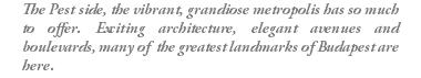 The Pest side, the vibrant, grandiose metropolis has so much to offer. Exciting architecture, elegant avenues and boulevards, many of the greatest landmarks of Budapest are here.