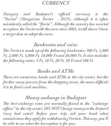 CURRENCY Hungary and Budapest's official currency is the "Forint" (Hungarian Forint - HUF), although it is often mistakenly called the "florin". Although the country has wanted to replace the Forint with the euro since 2003, it still doesn't have a target date to adopt the euro. Banknotes and coins The Forint is made up of the following banknotes: 500 Ft, 1,000 Ft, 2,000 Ft, 5,000 Ft, 10,000 Ft and 20,000 Ft. It also includes the following coins: 5 Ft, 10 Ft, 20 Ft, 50 Ft and 100 Ft. Banks and ATMs There are numerous banks and ATMs in the city center, but the further away you are from the shopping areas, the more difficult it is to find a cash machine. Money exchange in Budapest The best exchange rates are normally found in the "exchange offices" in the city center. DO NOT Change money at the Airport! (very bad rates!) Before your trip, ask your bank what commissions they apply for withdrawing Forints. This way, you'll be able to see what the best option is for you. 