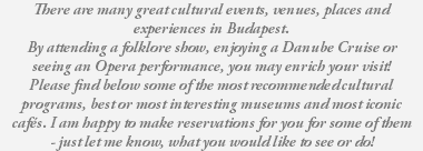 There are many great cultural events, venues, places and experiences in Budapest. By attending a folklore show, enjoying a Danube Cruise or seeing an Opera performance, you may enrich your visit! Please find below some of the most recommended cultural programs, best or most interesting museums and most iconic cafés. I am happy to make reservations for you for some of them - just let me know, what you would like to see or do! 